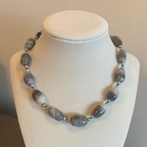 Vintage Botswana Agate + Freshwater Pearl Necklace with Sterling Silver Findings